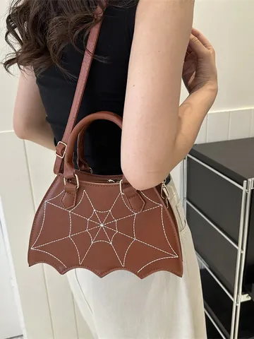 Women's Fashion Tote Bag PU Leather Casual Shoulder Crossbody Bag Gothic Bat Wing Spider Web Design Top Handle Handbag