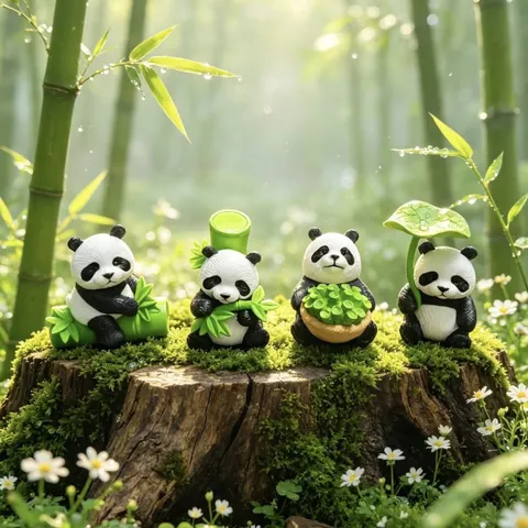 Cute Lotus Leaf Bamboo Panda PVC Figurine Micro Landscape Ornament For DIY Succulent Potted Plant Desktop Garden Decoration Home Accessory
