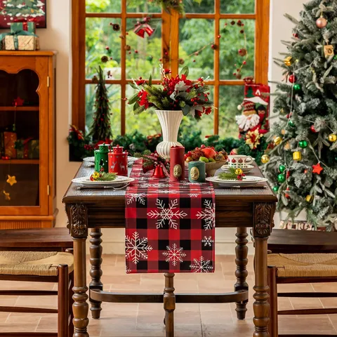 Christmas Table Runner Red Black Plaid Snowflake Printed Polyester Table Runner For Dining Table Party Holiday Home Decor