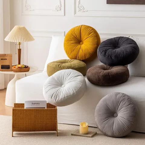 European Style Round Pleated Velvet Throw Pillow Solid Color Decorative Sofa Cushion Pumpkin Floor Futon Seat Pad For Home Decor