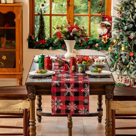 Christmas Table Runner Red Black Plaid Snowflake Printed Polyester Table Runner For Dining Table Party Holiday Home Decor