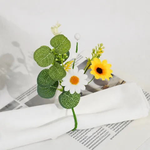 Artificial Daisy Flower Napkin Ring Eucalyptus Leaves Forest Style Table Decor
