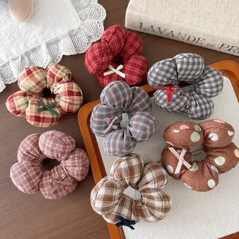 Retro Plaid Flower Fabric Scrunchies With Bow Knot Rhinestone Decor For Women Girls Sweet Hair Tie Ponytail Holder Hair Accessories