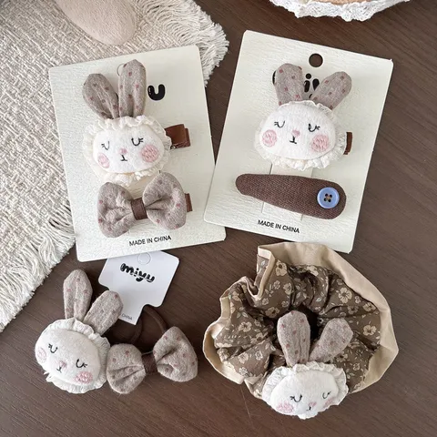 Accessoires Cheveux Style Mori en Lin de Coton Lapin Barrette Nœud Élastique Scrunchie pour Enfants Automne Hiver Mignon Motif Floral