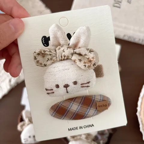 Ensemble de Barrette et Élastique à Cheveux Lapin Brodé 3D Style Mori Girl pour Enfants Accessoires de Coiffure en Coton et Lin