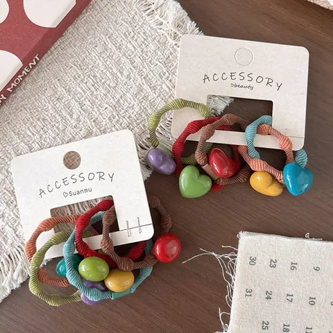 Kinderen Kleurrijke Elastische Haarelastiekjes Schattige Hart Ronde Kraal Haarklemmen Hoge Stretch Paardenstaarthouders Voor Meisjes Haaraccessoires Handgemaakte Hars Decoratie