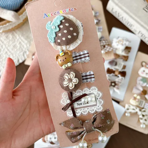 Sweet Cartoon Rabbit Bow Hair Clip Set For Girls Coffee Brown Plaid Fabric Snap Hairpins Toddler Hair Accessories Handmade
