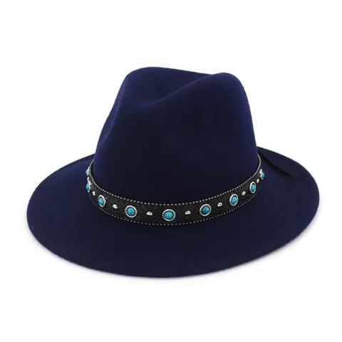 Chapeau Fedora en Laine Vintage pour Femmes Hommes Rétro Jazz Casquette avec Ceinture Rivet Turquoise Automne Hiver Chaud Chapeau Melon Mode