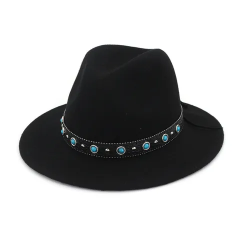 Chapeau Fedora en Laine Vintage pour Femmes Hommes Rétro Jazz Casquette avec Ceinture Rivet Turquoise Automne Hiver Chaud Chapeau Melon Mode