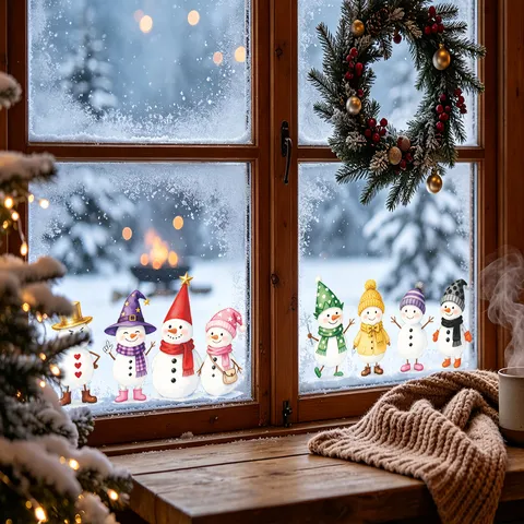 Cartoon Hand Painted Snowman Christmas Window Stickers Static Cling PVC Glass Decals For Holiday Home Balcony Decoration