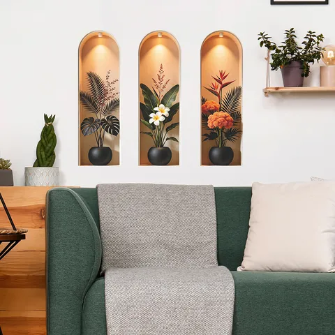 Modern 3D Arched Niche Green Plant Wall Stickers Simulation Tropical Potted Leaves Flower PVC Removable Decals For Living Room Home Decoration