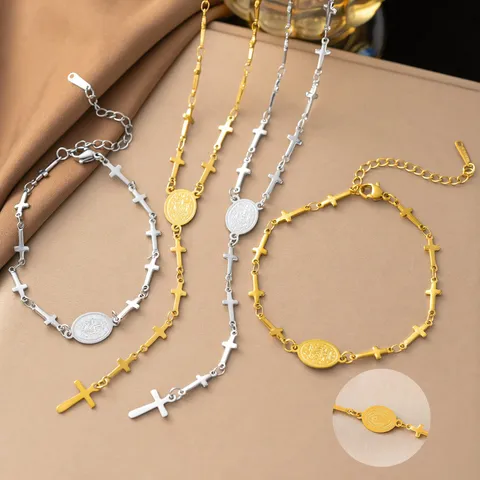 Retro Titanium Steel Cross Saint Plate Necklace Bracelet For Women Niche High End Electroplated Jewelry Accessory