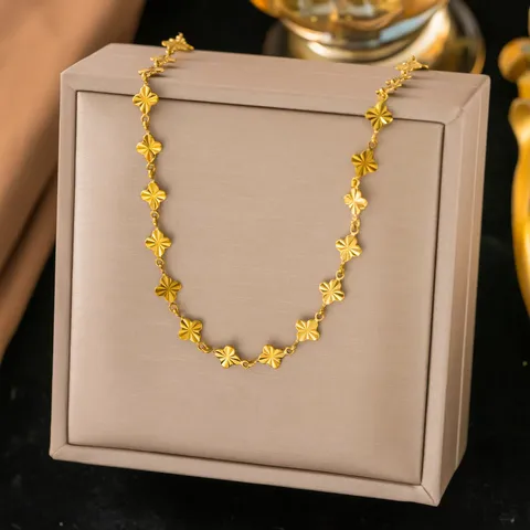 Vintage Embossed Four-Leaf Clover Jewelry Gold Plated Titanium Steel Flower Link Chain Necklace Bracelet For Women Party Jewelry
