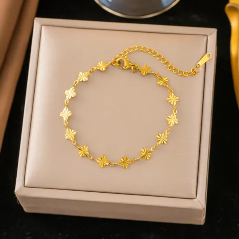 Vintage Embossed Four-Leaf Clover Jewelry Gold Plated Titanium Steel Flower Link Chain Necklace Bracelet For Women Party Jewelry