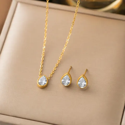 French Retro Water Drop Zirconia Necklace Exquisite Titanium Steel Pendant Gold Plated Geometric Earrings Jewelry For Women