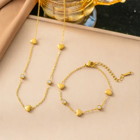 French Light Luxury Titanium Steel Heart Rhinestone Necklace Bracelet For Women Gold Plated Heart Charm Adjustable Jewelry Gift