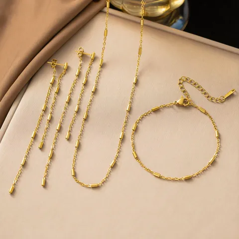 Minimalist Titanium Steel Geometric Tube Necklace Bracelet Earrings Jewelry Set For Women Gold Plated Tassel Jewelry Set