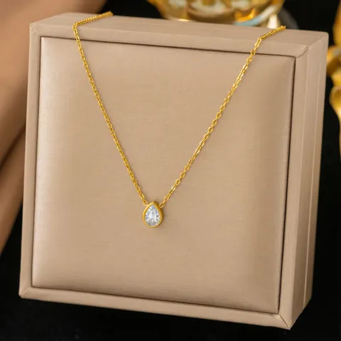 French Retro Water Drop Zirconia Necklace Exquisite Titanium Steel Pendant Gold Plated Geometric Earrings Jewelry For Women