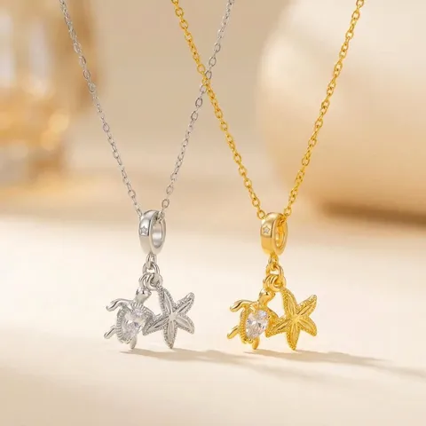 Collana con Ciondolo a Forma di Tartaruga Marina e Stella Marina in Rame Stile Oceano per Donna Collana a Catena da Spiaggia con Strass Gioielli Regalo