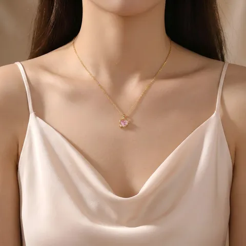 Collier pour Femmes Style Coréen avec Pendentif Cœur en Zirconia Rose Étoile Scintillante en Cuivre Plaqué Or Bijou Doux