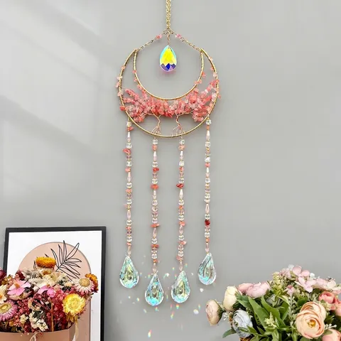 Natürlicher Achat Kristall Baum des Lebens Mond Sonnenfänger Windspiel Hängender Anhänger Heimfenster Dekor Kristall Ornament Geschenk
