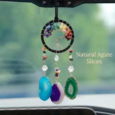 Pendentif de Voiture Attrape-Rêves Arbre de Vie en Agate Naturelle Cristaux de Guérison Ornement Suspendu Décoration Intérieure Auto