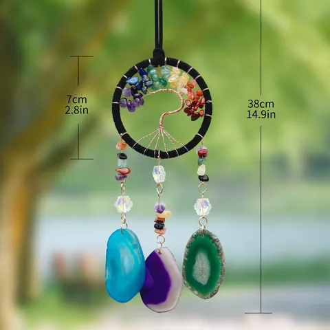 Pendentif de Voiture Attrape-Rêves Arbre de Vie en Agate Naturelle Cristaux de Guérison Ornement Suspendu Décoration Intérieure Auto