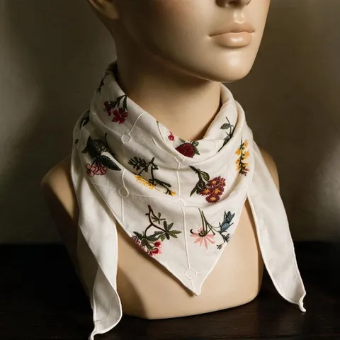 Women Floral Embroidered Cotton Grid Triangle Headscarf Sweet Versatile Neck Scarf Hair Accessory