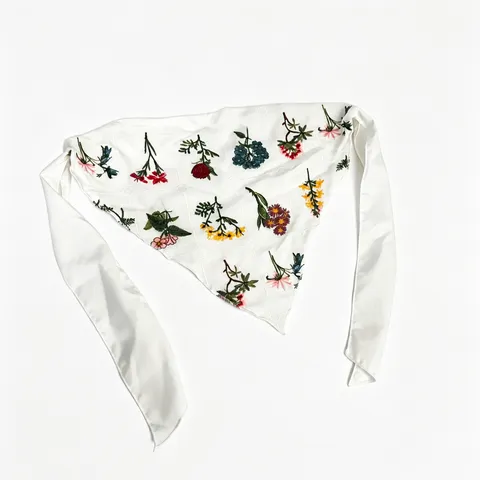 Women Floral Embroidered Cotton Grid Triangle Headscarf Sweet Versatile Neck Scarf Hair Accessory