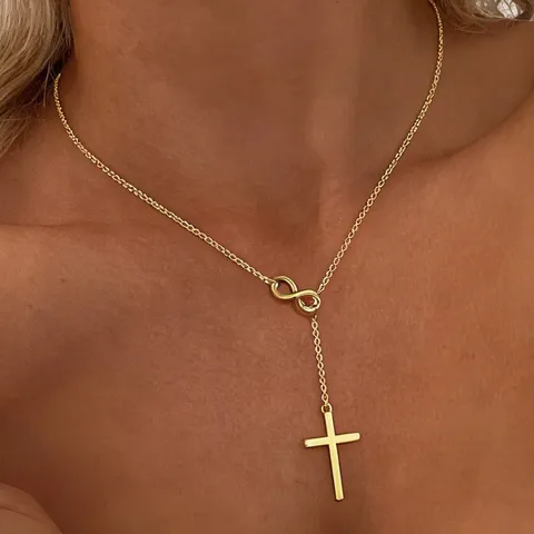 Minimalist Copper Gold Plated Cross Infinity Symbol Pendant Necklace For Women Men Geometric Circle Bar Lariat Necklace Jewelry
