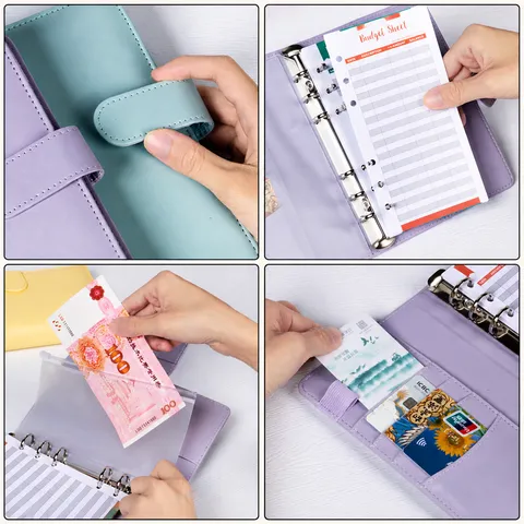A6 Macaron Cuir PU Feuillets Mobiles Carnet Budget Classeur Planificateur Avec Poches De Classeur Et Feuilles De Budget Pour Bureau École