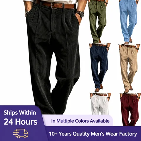 Men Corduroy Casual Dress Pants Straight Leg Pleated Business Commuting Trousers Solid Color Retro High Grade Full Length Pants