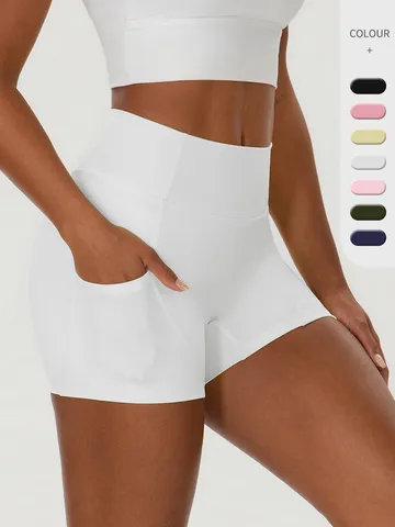 Women High Waist Yoga Shorts With Side Pockets Hip Lifting Tummy Control Gym Fitness Sports Tight Bottom Shorts