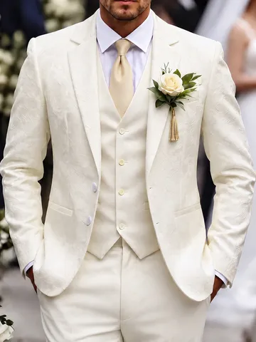 Men Business Suit Set Dark Jacquard Floral Pattern Slim Fit Notch Lapel One Button Blazer And Pants For Wedding Banquet
