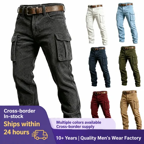 Men's Slim Fit Cargo Pants Multi-Pocket Corduroy Texture Tapered Outdoor Streetwear Trousers with Belt Casual Long Pants
