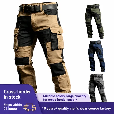 Men's Tactical Cargo Pants Patchwork Multi Pocket Cotton Outdoor Casual Straight Leg Streetwear Bottoms