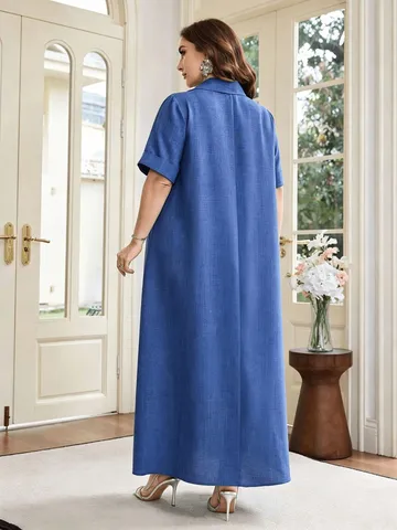 Übergröße Damen Casual Langes Kleid Blau Revers V-Ausschnitt Kurzarm Locker Besticktes Maxi Kleid Ethno Robe