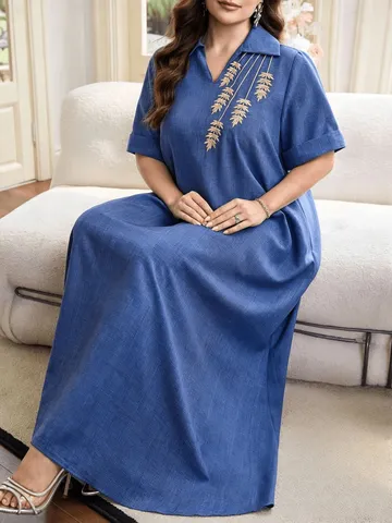 Übergröße Damen Casual Langes Kleid Blau Revers V-Ausschnitt Kurzarm Locker Besticktes Maxi Kleid Ethno Robe