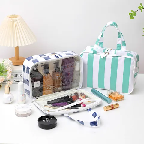 Waterproof PVC Striped Cosmetic Bag Large Capacity Portable Travel Toiletry Organizer Handbag Wash Bag