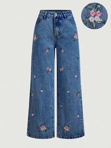 Damen High Waist Straight Leg Jeans Waschblau Denim Hose Mit Blumenstickerei Streetwear Lockere Passform Hose