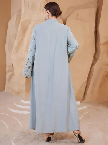 Robe Maxi Femme Manches Longues Col Stand Élégantes Paillettes Brodées Grande Taille Longue Robe de Soirée