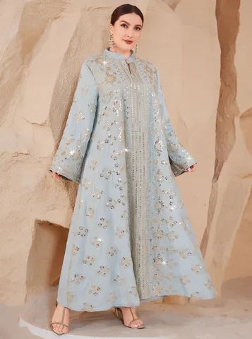 Robe Maxi Femme Manches Longues Col Stand Élégantes Paillettes Brodées Grande Taille Longue Robe de Soirée