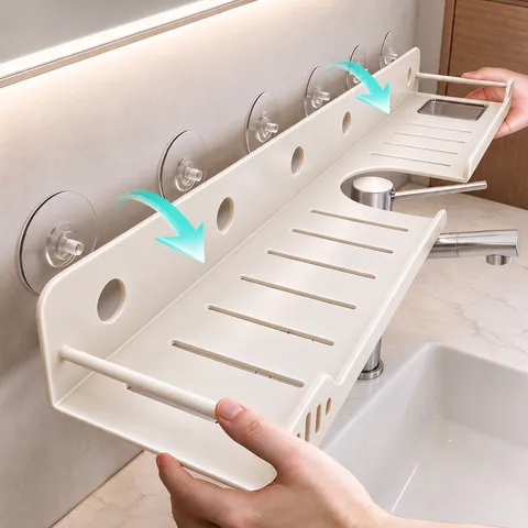 Punch-Free Bathroom Storage Rack Wall-Mounted Tap Shelf ABS Carbon Steel Drain Organizer For Kitchen Washbasin