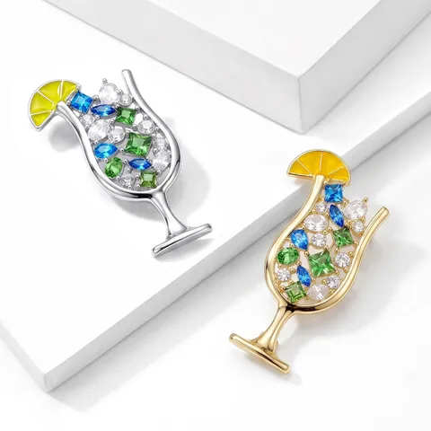 Fashion Alloy Rhinestone Cocktail Wine Glass Brooch For Women Enamel Lemon Slice Pin Clothing Accessories Jewelry Gift