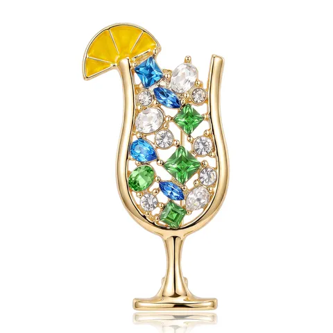 Fashion Alloy Rhinestone Cocktail Wine Glass Brooch For Women Enamel Lemon Slice Pin Clothing Accessories Jewelry Gift