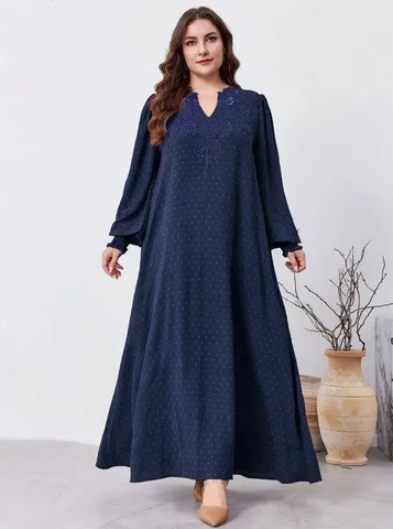 Damen Übergröße Weinrot Jacquard V-Ausschnitt Spitzenstickerei Langarm Maxikleid Lässig Pendler Lوكes langes Kleid