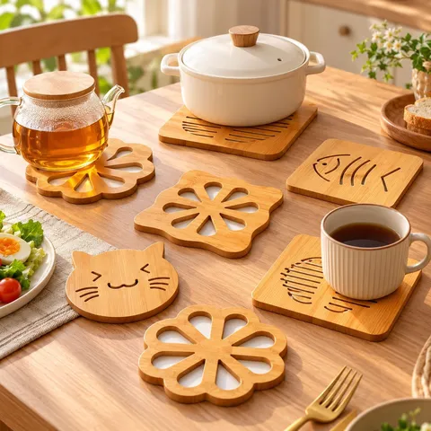 Cartoon Hollow Wooden Coaster Heat Insulation Pad Bamboo Wood Heat Resistant Non-Slip Pot Pan Holder Kitchen Table Mat Home Decor