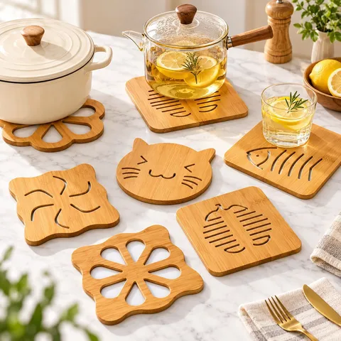 Cartoon Hollow Wooden Coaster Heat Insulation Pad Bamboo Wood Heat Resistant Non-Slip Pot Pan Holder Kitchen Table Mat Home Decor