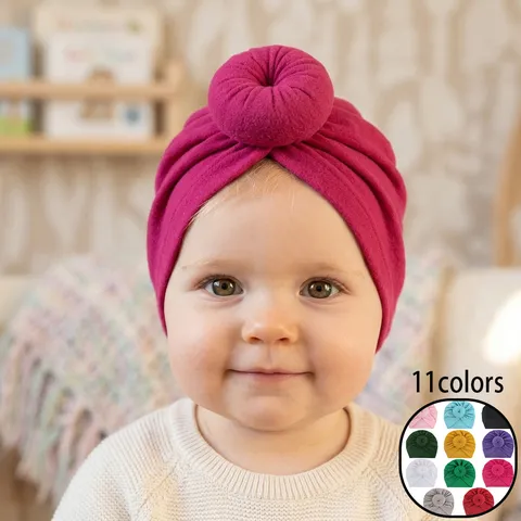 Soft Baby Turban Hat Donut Knot Pleated Stretch Polyester Cotton Indian Beanie Cap For Newborn Toddler Infant Solid Color