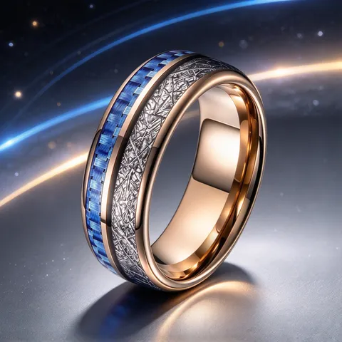 Bague en Acier au Tungstène Plaqué Or Rose Incrustation Fibre de Carbone Bleue Motif Météorite Argent Homme Femme